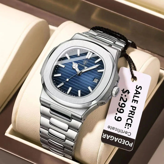 Luckacco POEDAGAR Luxury Casual Watch Top Brand Fashion Square Dial Stainless Steel Calendar Luminous Waterproof Men Watch Male Clock+Box