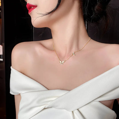 Luckacco Stainless Steel Luxury Gold Color Opal Butterfly Pendant Necklace for Women Exquisite Zircon Chokers Bride Jewelry Colorfast