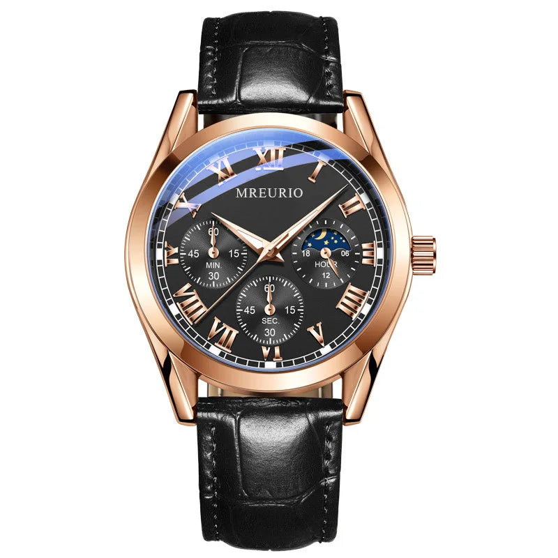 luckacco fashion business watches fake three-eye roman numerals dial clock leather strap quartz watch for men wristwatch часы мужские