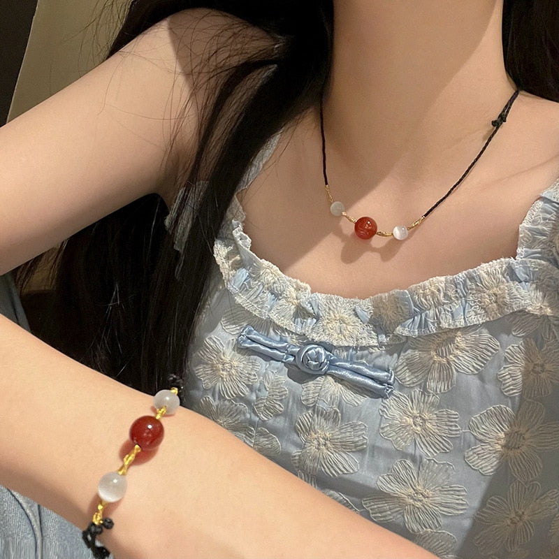Peach Flower Jade Bracelets for Women Girls Chinese Fashion Ancient Red Agate Beads Charm Bracelet Woven Hand Rope Jewelry Gift - luckacco