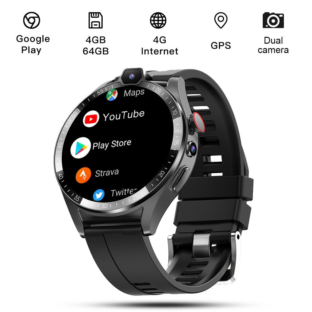 KOM4 4G LTE Smart Watch Men 4GB+64GB Android 8.1 NFC GPS 1.43" HD Screen Dual Camera Google Play SIM Card Waterproof Smartwatch - luckacco