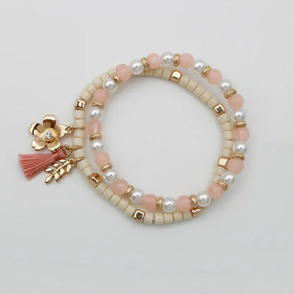 Luckacco Beaded Cute Bracelets Set For Women Pink Cream Tassel Leaf Flower Sweet Romantic Stretch Trendy Fashion Jewelry Gifts 2021113