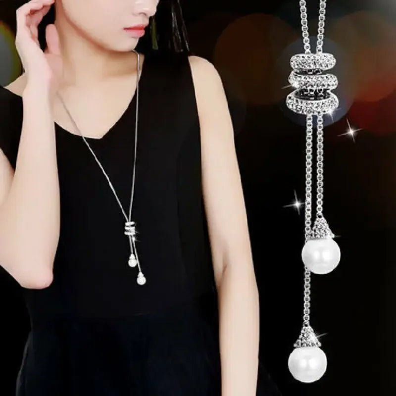 luckacco classic simple long pearl spiral adjustable pendant necklace for women charm zircon sweater chain exquisite jewelry accessories