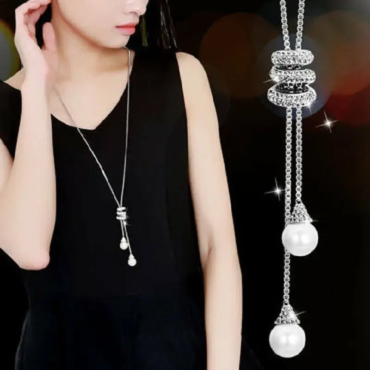 Luckacco Classic Simple Long Pearl Spiral Adjustable Pendant Necklace for Women Charm Zircon Sweater Chain Exquisite Jewelry Accessories