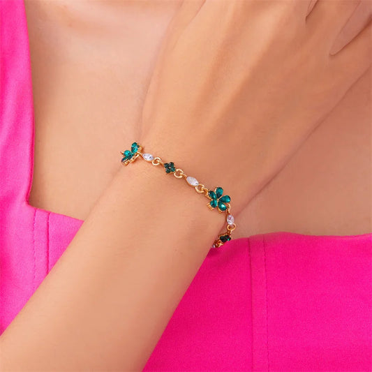 Luckacco Charm Red Crystal Zircon Flower Bracelet For Women Vintage Boho Full Rhinestone Flowers Bangles Girls Party Christmas Jewelry