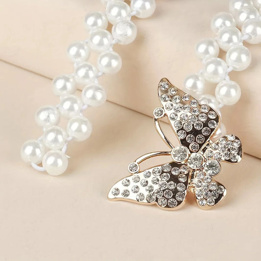 Luckacco Elegant Butterfly Buckle Belt with Faux Pearls and Rhinestones - Elastic Waistband for Dresses and Girdles
