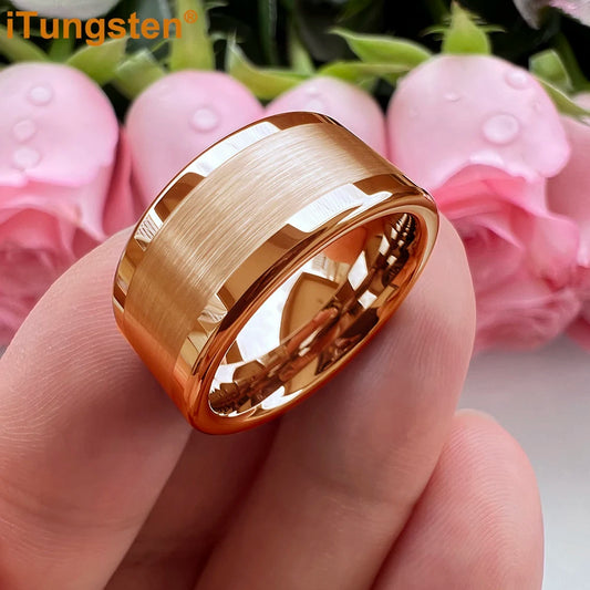 Luckacco iTungsten 10mm 12mm Big Finger Ring Mens Tungsten Flat Engagement Wedding Band With Center Brushed Polished Finish Comfort Fit