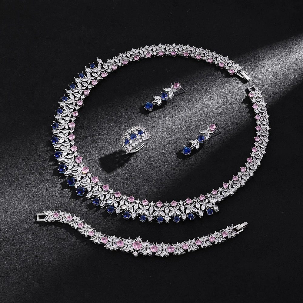 luckacco 2025 new 4-piece ring cubic zirconia bridal wedding jewelry set, dubai nigeria crystal wedding jewelry set