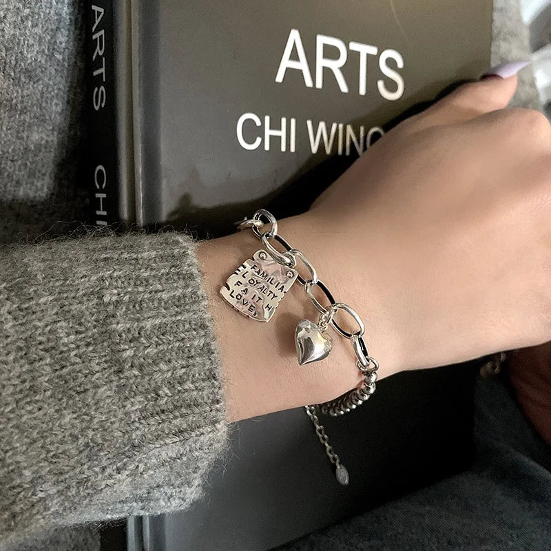 luckacco new 925 silver geometric bead punk peace of mind words irregular string bracelet for woman girl fashion jewelry gift dropship