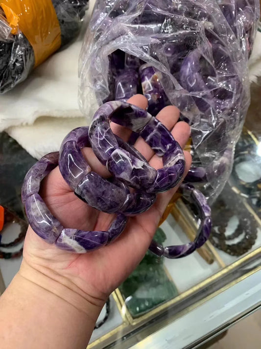 Luckacco Natural Amethyst Stone Beads Bracelet Natural Energy Stone Bangle Gemstone Jewelry for Woman Birthstone for Aquarius for Gift