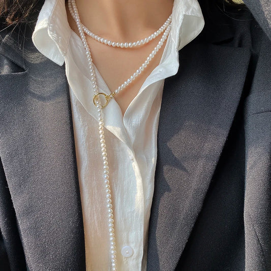 Luckacco Women's Necklace White Natural Freshwater Round Long Pearl Necklace Bride Weddings Gift Pearl Sweater Chains