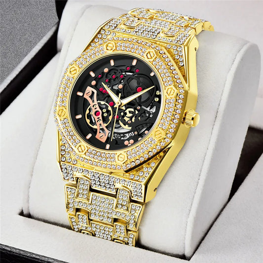 Luckacco Luxury Genuine Brand Watches For Men Hip Hop Diamond Fashion Alloy Band Date Vintage Skeleton Designer Quartz Watch Montre Homme