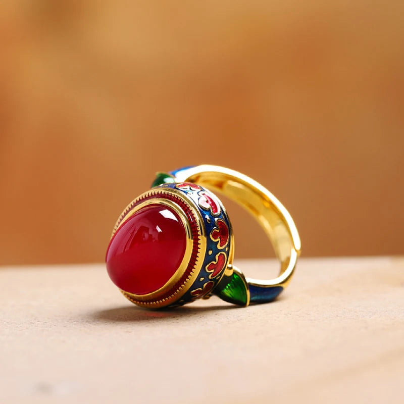luckacco original ancient gold craftsmanship natural carnelian rings for women flower enamel national style light luxury wedding jewelry