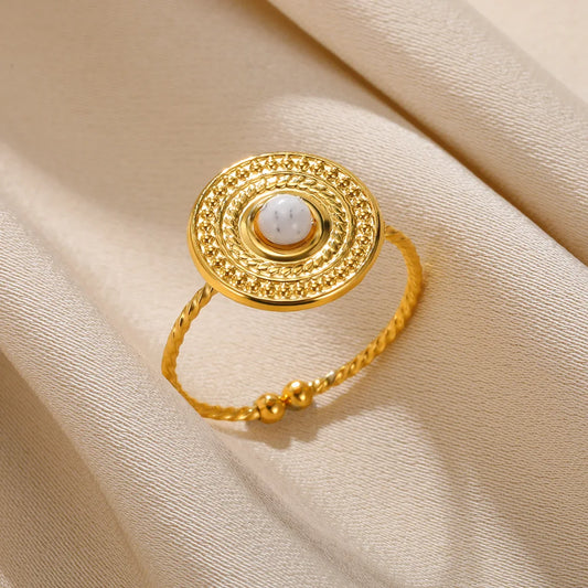 Luckacco Stainless Steel Rings Natural Stone Lucky Jewelry Round Sun Vintage Gold Color Ring For Women Anniversary Gift New Female Male