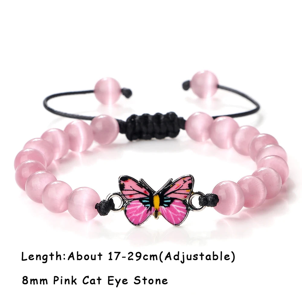 luckacco natural cat eye stone bracelet & bangle for women brief white pink opal beads yoga balance jewelry lucky wristband handmade gift