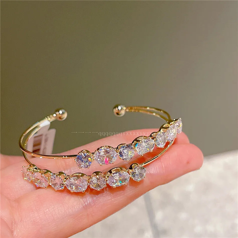 luckacco cuff bracelets sparkling gold color double layer open bangles for women shine cubic zircon luxury jewelry party accessories