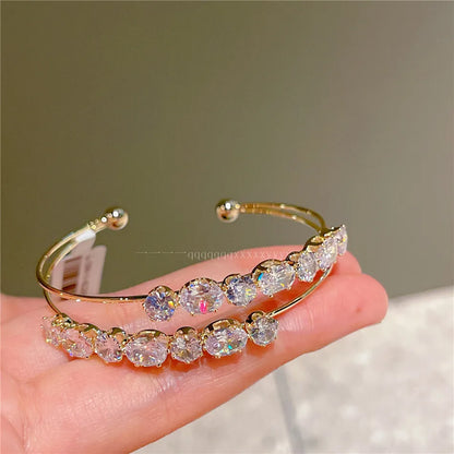 Luckacco Cuff Bracelets Sparkling Gold Color Double Layer Open Bangles For Women Shine Cubic Zircon Luxury Jewelry Party Accessories