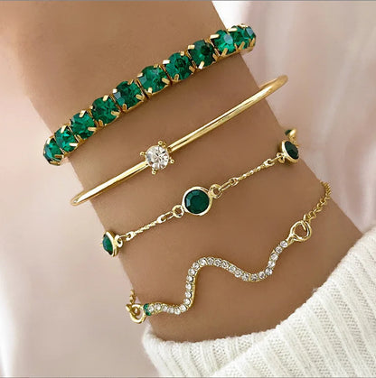 Luckacco 4Pcs/Set Fashion Snake Green Gemstone Bangle Rhinestone Full Metal Bracelets For Women Birthday Party Wedding Jewerly Gifts