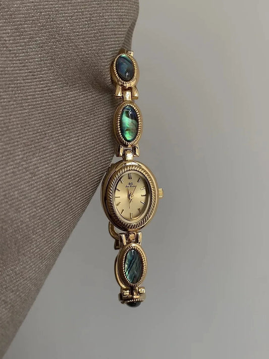 Luckacco Fashion Luxury Women's Watches Natural Gemstone Oval Dial Quartz Wristwatch Unique High-end Temperament Ladies' Watch Bracelet