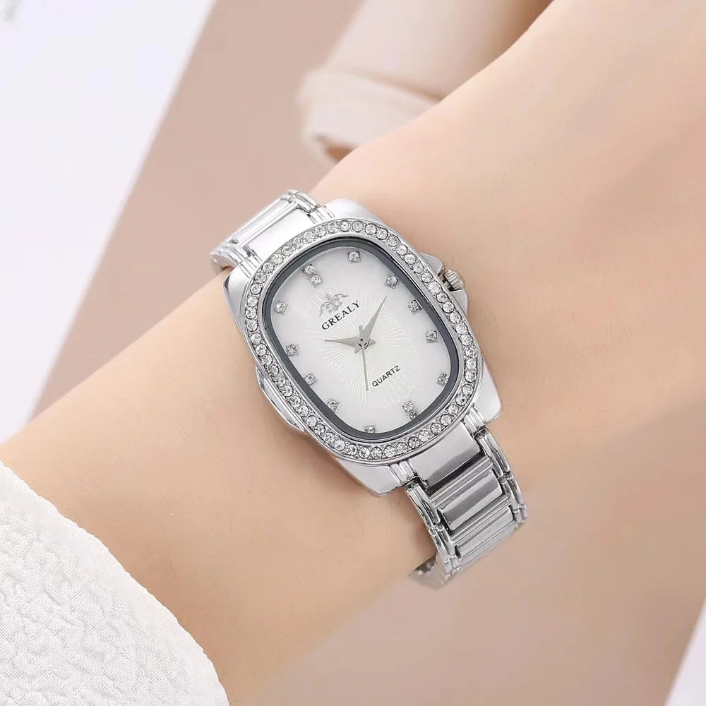 luckacco luxury 2025 women's simple quartz watch casual green diamond set design female dress stainless steel bracelet clock watches