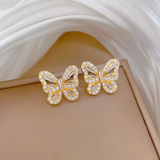 Luckacco 2Pcs Stainless Steel Hollow Crystal Butterfly Pendant Necklace Earrings Sets for Women Luxury Daily Wear Jewelry Set Birthday