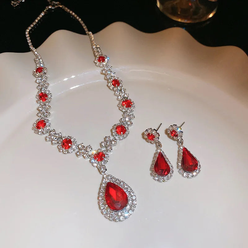 luckacco shiny crystal necklace earrings women's fashion big water droplet rhinestone necklaces wedding evening dress jewelry set