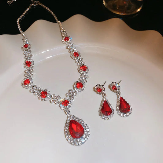 Luckacco Shiny Crystal Necklace Earrings Women's Fashion Big Water Droplet Rhinestone Necklaces Wedding Evening Dress Jewelry Set