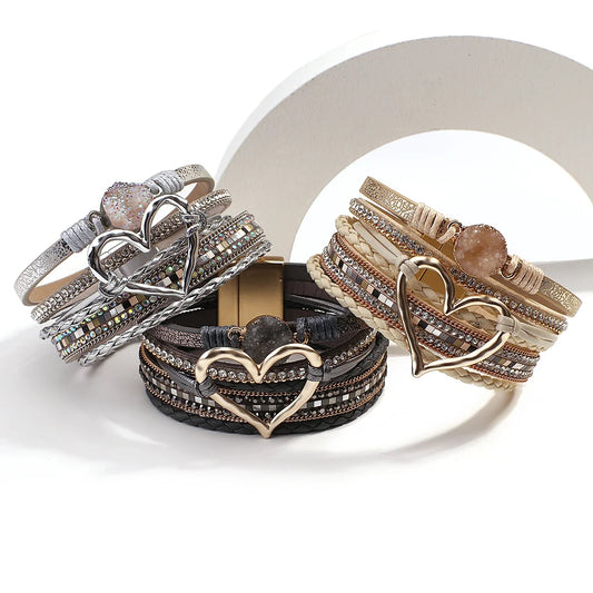 Luckacco Amorcome Fashion Braided Leather Wrap Bracelets Bangles Multilayer Resin Stone Hollow Heart Charm Bracelets Women Gift Pulseira
