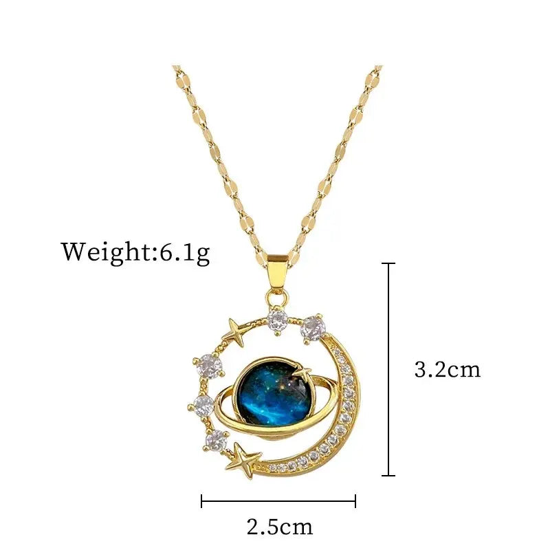 luckacco light luxury titanium steel star series necklace for women gold color planet moon astronaut pendant necklaces jewelry gifts