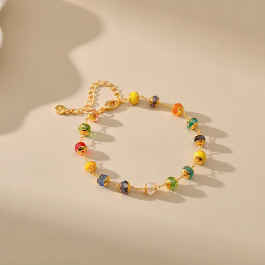 Luckacco Bohemian Multicolour Crystal Beads Bracelet for Women 18k Gold Plated Tourism and Vacation Ethnic Style Jewelry Accessories