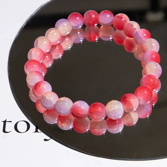 Luckacco Fashion Exquisite Ice Crack Gradient Forest Flower Pattern Beaded Glass Bracelet for Women High Beauty Elastic Bracelet Jewelry
