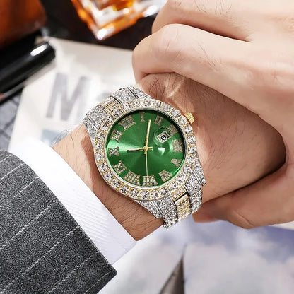 Luckacco Personalized Hip Hop Watch with Shiny Rhinestones for Men, Luxury Clock, Band Length, Iced Steel Belt, 40mm Diameter Glass Dial