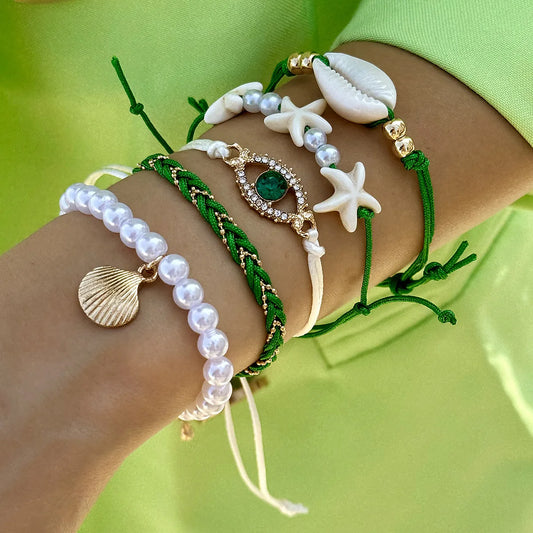 Luckacco 5Pcs Bohemia Shell Starfish Bracelet Set For Women Imitation Pearl Evil Eye Multilayer Beaded Bangles Sand Beach Party Jewelry
