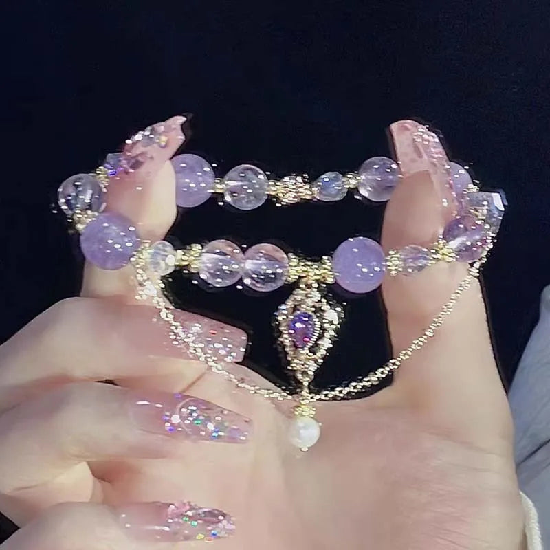 luckacco light luxury purple glass crystal beaded bracelets for women chic butterfly tassel pendant bracelets sweet girl wrist jewelry