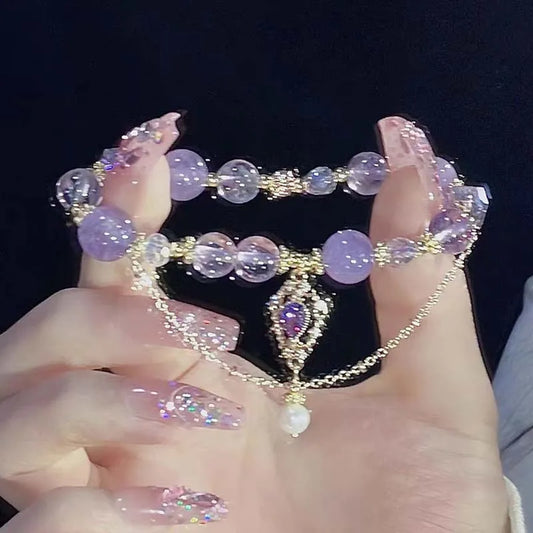 Luckacco Light Luxury Purple Glass Crystal Beaded Bracelets for Women Chic Butterfly Tassel Pendant Bracelets Sweet Girl Wrist Jewelry