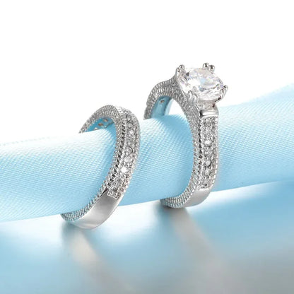 Luckacco Elegant Wedding Engagement Couple Rings Set 925 Sterling Silver Color Anniversary Accessory With Full Shiny Cubiz Zircon Stone