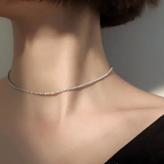 Luckacco S925 Sterling Silver Necklace 2mm Sparkling Collarbone, Sweater Chain, High Charm Jewelry Gift Women