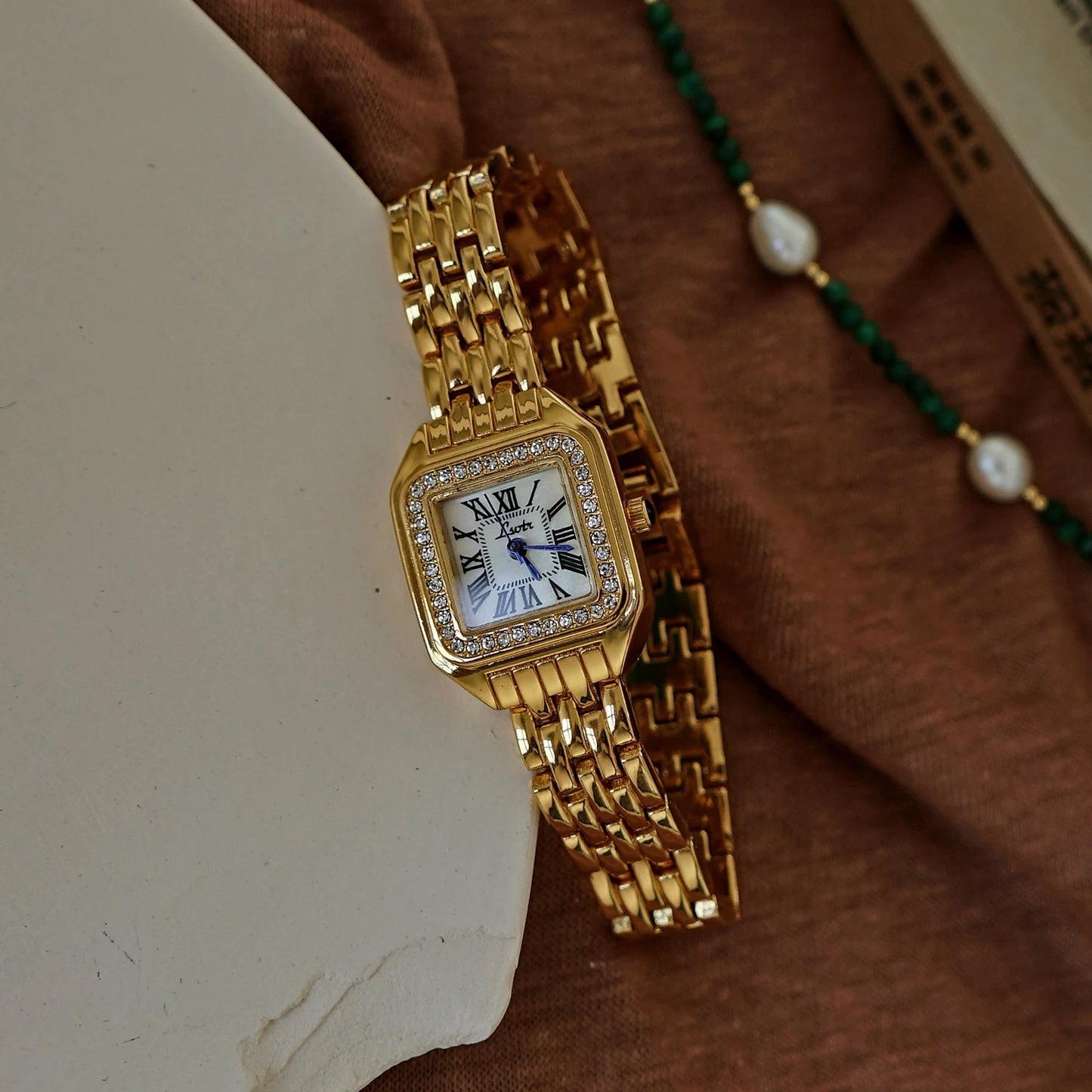 luckacco 1pc new arrival gold-tone square dial women's waterproof watch with inlaid rhinestone, elegant & simple style, watch for women