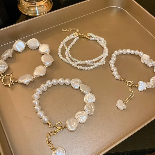 Luckacco Irregularity Multilayer Baroque Pearl Chain Bracelet for Women Wedding Bridal Kpop Luxury Beaded Heart Bracelets Couple Jewelry