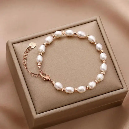 Luckacco Kpop Oval Imitation Pearl Bracelets For Woman Elegant Baroque Champagne Pearl Beads Chain Charm Bracelet Wedding Jewelry