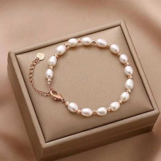 Luckacco Kpop Oval Imitation Pearl Bracelets For Woman Elegant Baroque Champagne Pearl Beads Chain Charm Bracelet Wedding Jewelry