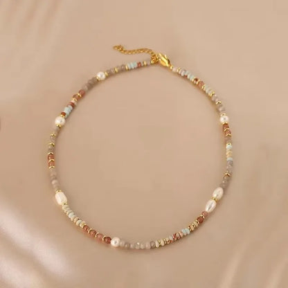 Luckacco Minar Retro Colorful Natural Stone Crystal Freshwater Pearl Strand Beaded Necklace for Women 14K Real Gold Plated Copper Chokers