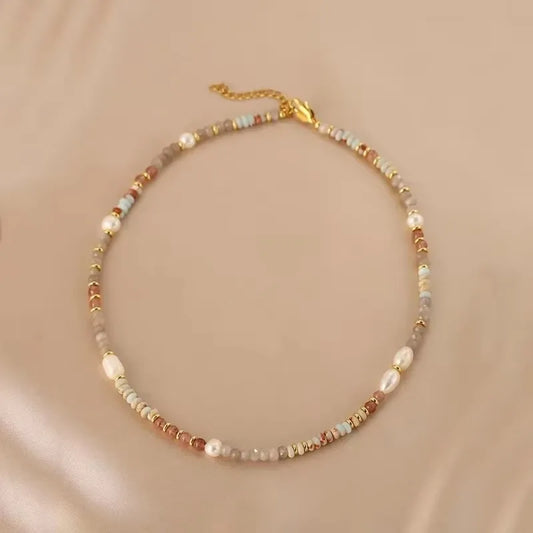 Luckacco Minar Retro Colorful Natural Stone Crystal Freshwater Pearl Strand Beaded Necklace for Women 14K Real Gold Plated Copper Chokers