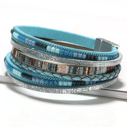 Luckacco Multilayer Brown Leather Bracelet For Women Fashion Creative Bohemian Hand Woven Magnetic Clasp Bracelet