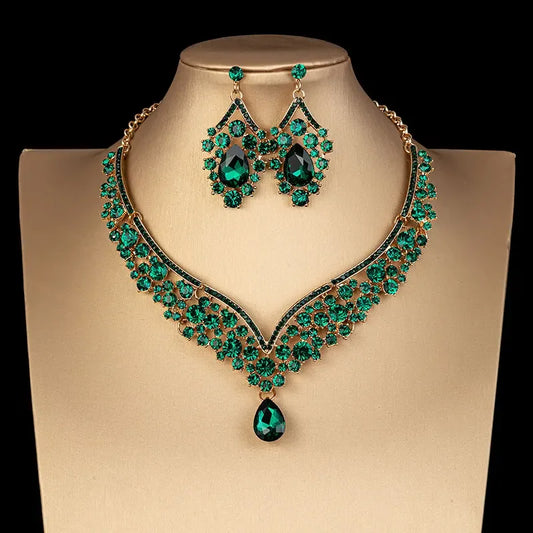 Luckacco Luxury Crystal AB Color Choker Necklace Earrings Set Rhinestone Bridal Jewelry Sets for Bride Wedding Party Costume Bijoux Femme