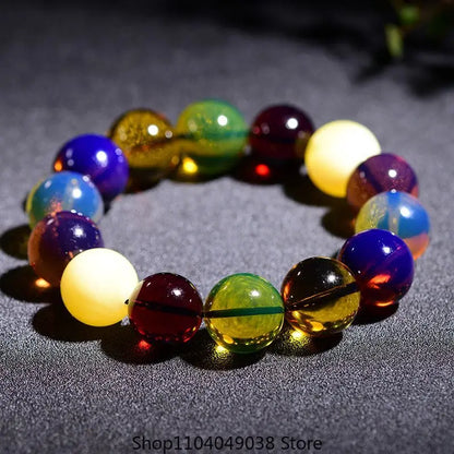 Luckacco Natural Burmese Beeswax Duobao Round Beads Bracelet for Men and Women Raw Ore Amber Single Circle All-match Couple Handstring