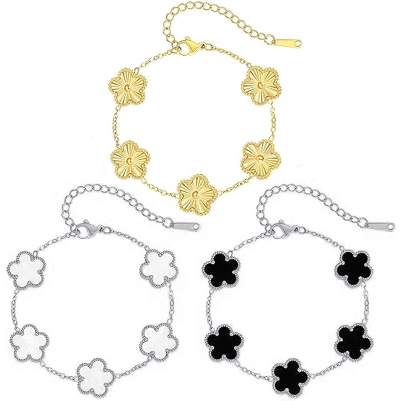 luckacco 14k gold plated five-leaf clover link bracelets white black blue gold red green lucky bracelets jewelry gifts trendy for women