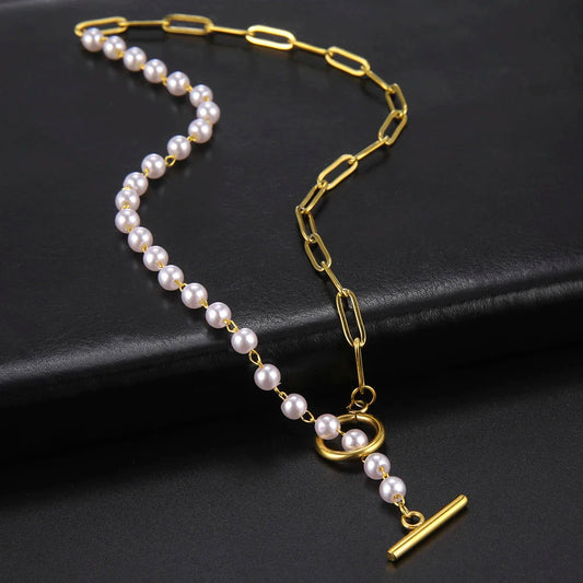 Luckacco Unift Paperclip OT Buckle Pearl Necklace Choker Half Pearl Half Chain Gold Plated Necklace Fashion Boho Wedding Jewelry Women