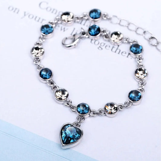 Luckacco Women Silver Color Lucky Bracelet Female Blue Crystal Heart Charm Pulseras Bracelet Bridal Wedding Engagement Fine Jewelry Gift