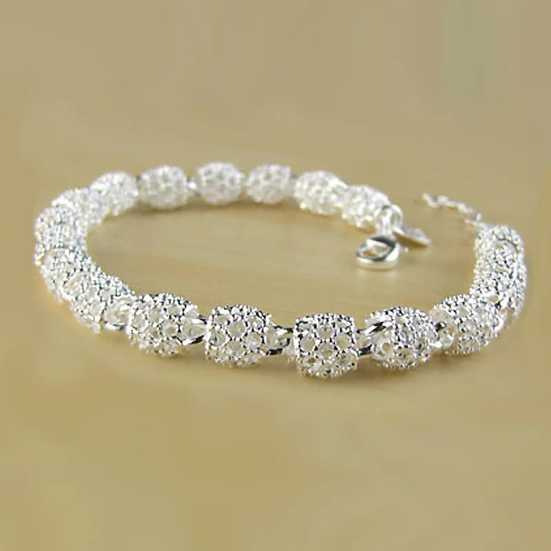 luckacco 925 silver flower beads charm bracelets for women hollow ball silver bracelet adjustable wedding party jewelry gifts